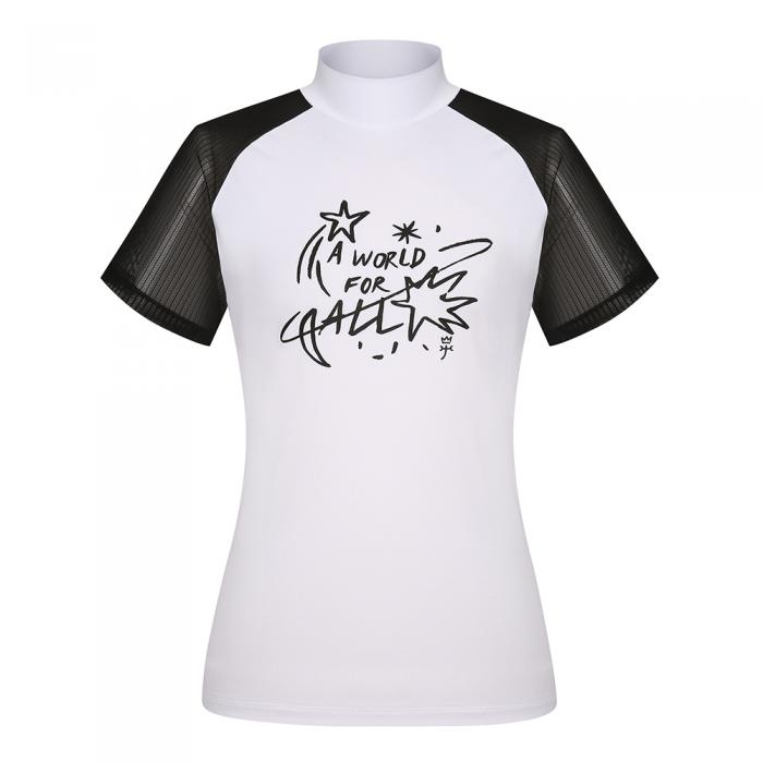여성 액티비티 소매 매쉬 프린트 하이넥 반팔 티셔츠