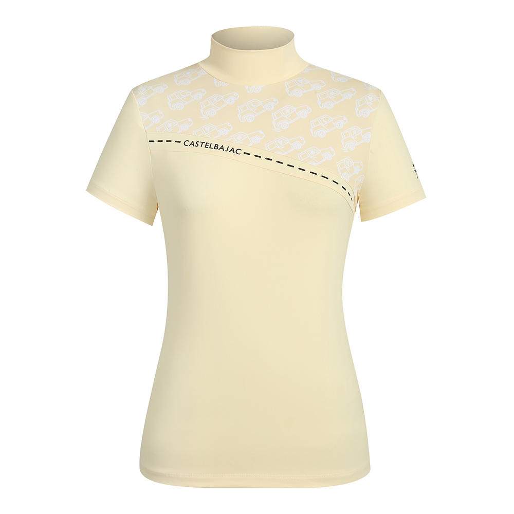 여성 스트레치 상단 패턴 하이넥 반팔 티셔츠