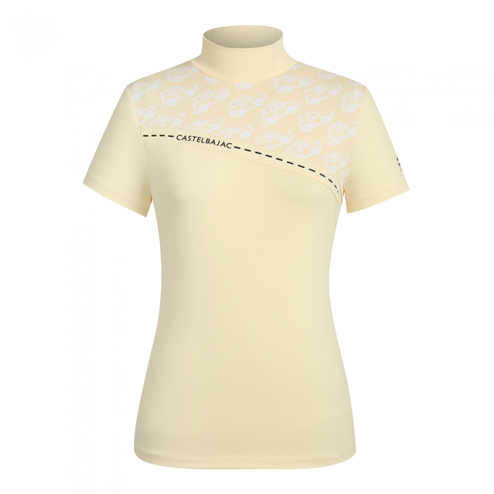 여성 스트레치 상단 패턴 하이넥 반팔 티셔츠